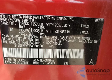 2015 Toyota Rav4 Limited из США, поврежденный, VIN 2T3DFREV9FW350160